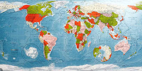 World map in Red to Lime to Cream to Pink from Future Mapping Co..