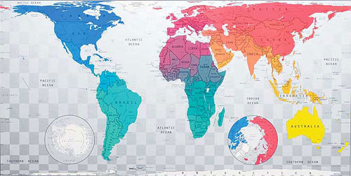 World map in Blue to Emerald to Pink to Yellow from Future Mapping Co..